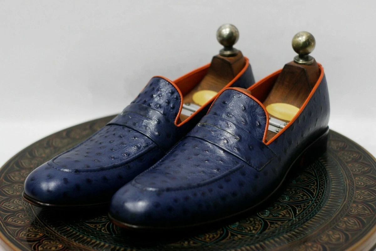 Men s Handmade Blue Ostrich Textured Leather Loafer Slip On Dress Formal Shoes