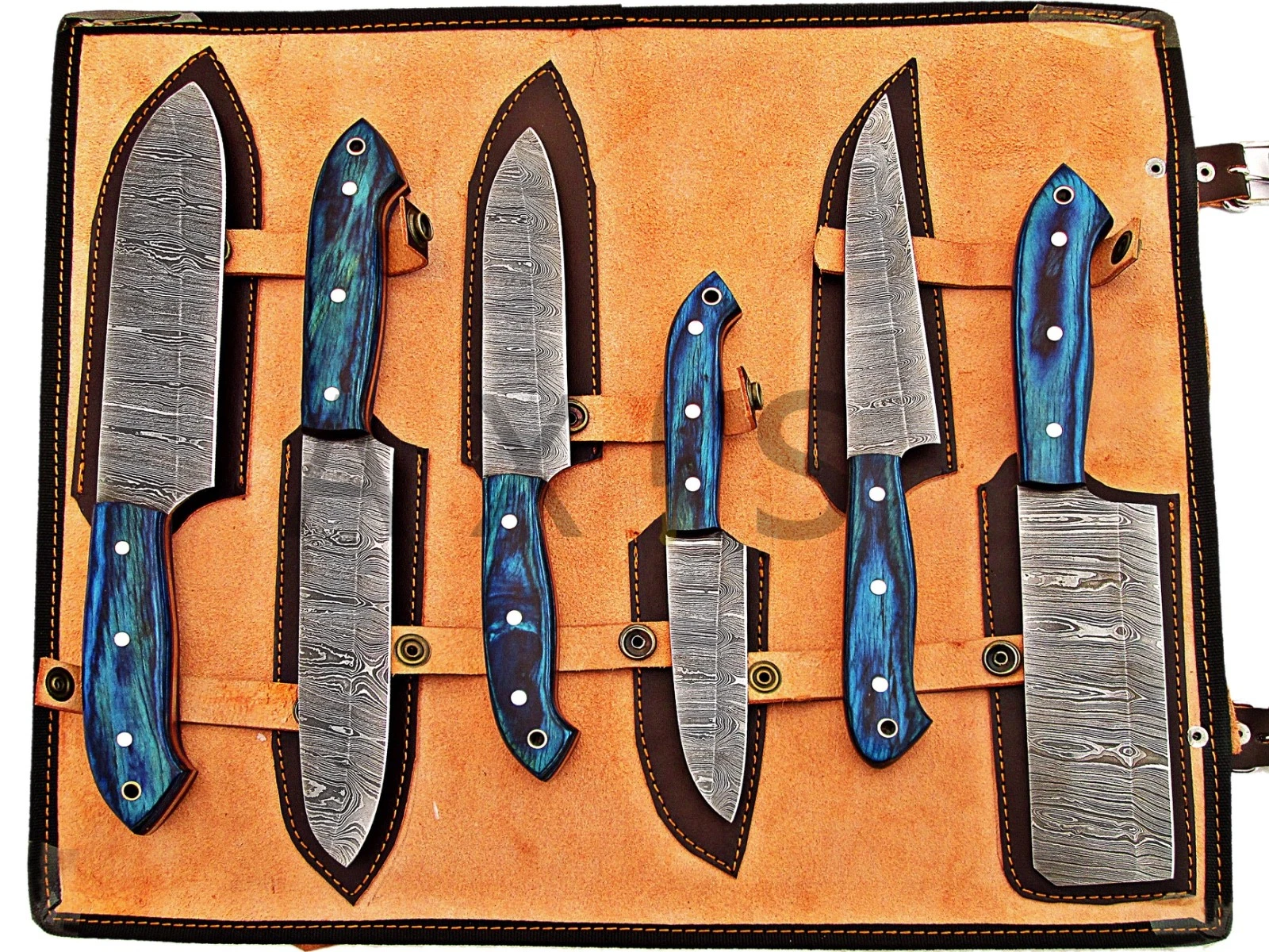 Damascus Chef Knife Set: Handmade Kitchen Knives with Blue Pakka Wood Handles