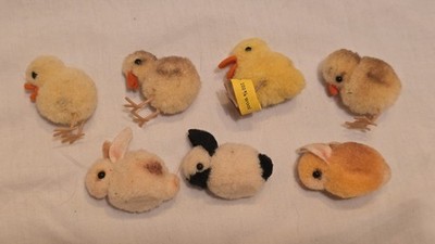Vtg Steiff Wool Pom Pom Animal Lot of 7: Duckling 1504,41 Rabbit Bunny Germany