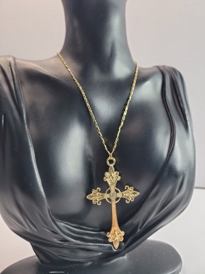 Gold Tone Rhinestone Cross Pendant Necklace Gothic Victorian Fleur De Lis