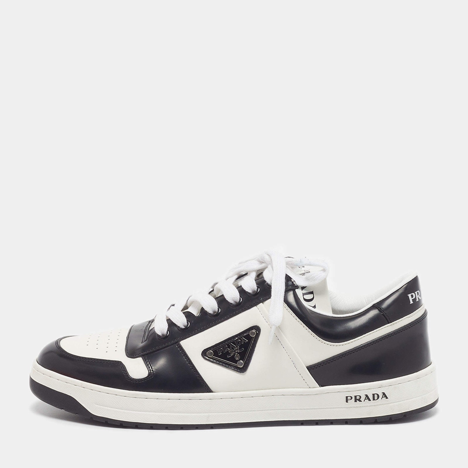 Prada Downtown Size 42 BlackWhite Leather and Patent Lace Up Sneakers