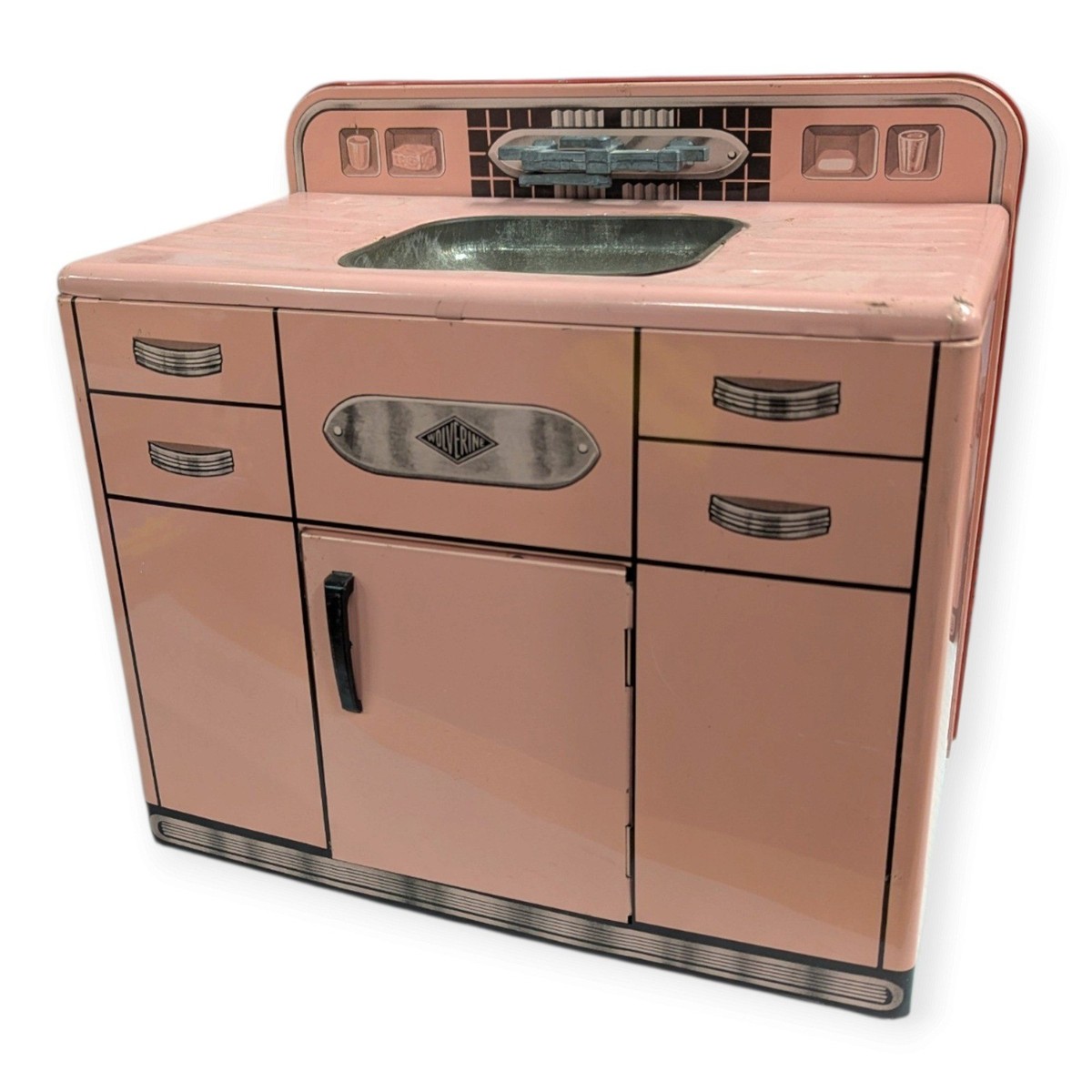 Vintage Wolverine Tin Litho Pink Toy Kitchen Set Refrigerator