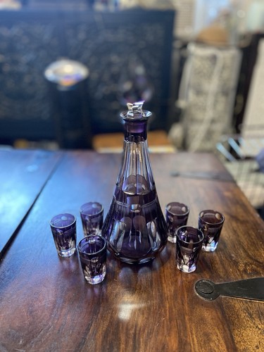 Bohemian Amethyst To Clear Cut Crystal Decanter And 6 Shot Glasses - Bild 5 von 7
