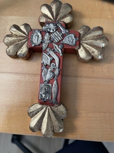 7” Mexican Wooden Milagro Cross Metal Charm Icon Heart Guadalupe Folk Art Mexico