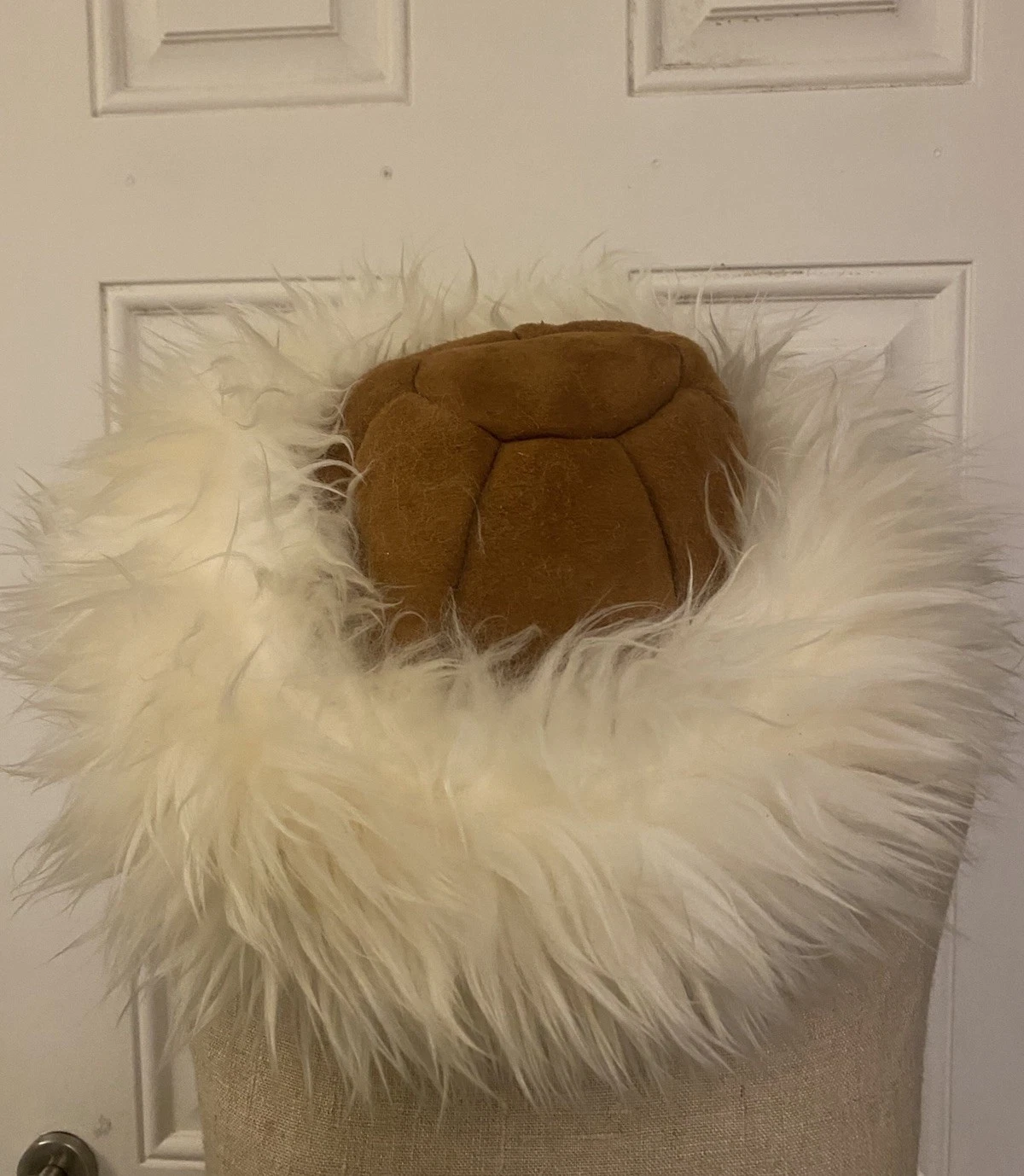 Ivory sheepskin Brown Leather Russian Style Winter Hat size M