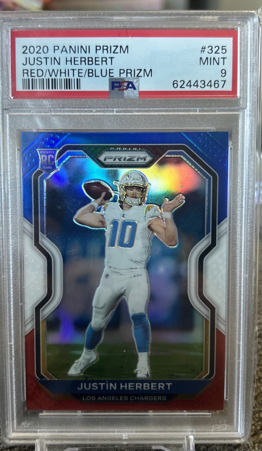 2020 Panini Prizm Rookie Justin Herbert #325 Red White Blue Prizm (RC) PSA 9