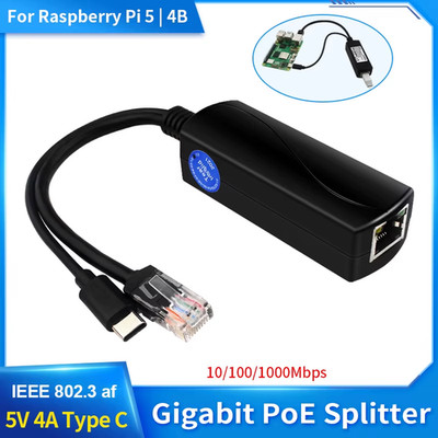 Raspberry Pi 5 Gigabit PoE Splitter 5V 3A 10/100/1000Mbps USB Type C to PoE Spli