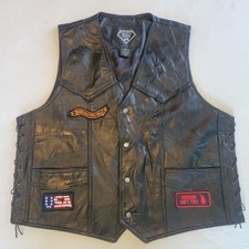 DIAMOND PLATE BUFFALO LEATHER BLACK BUTTON UP BIKER VEST WITH PATCHES 2XL