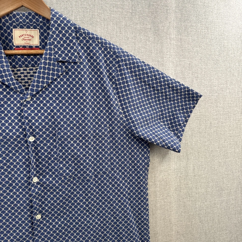 Portuguese Flannel Tile Shirt Large Blue Relaxed Geometric Hawaiian Camp Loop - Image 3 of 4