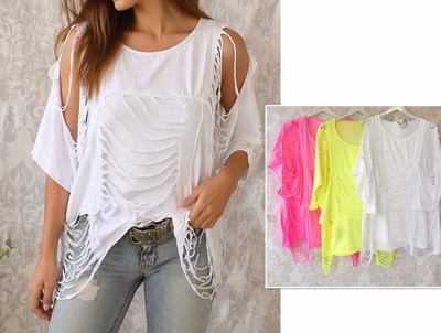 36 38 40 42  cooles Shirt destroyed overize NEON PINK