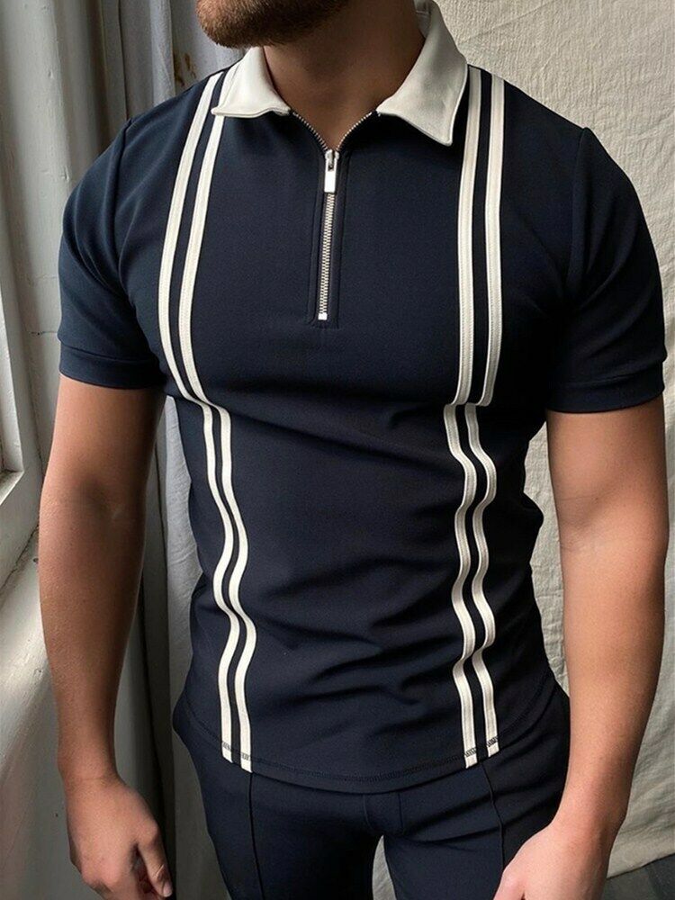 ⭐⭐Polo T Shirt Men Zipper Collar Striped Navy Blue White Stripe Golf Zip T-Shirt