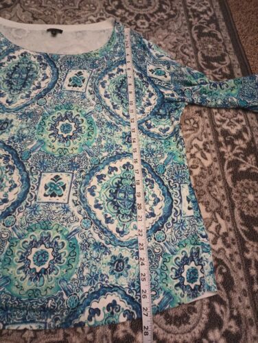 Talbots 2X Preppy Mosaic Knit Top Scoop Neck Roll Tab Blue Artsy Beach - Picture 9 of 10