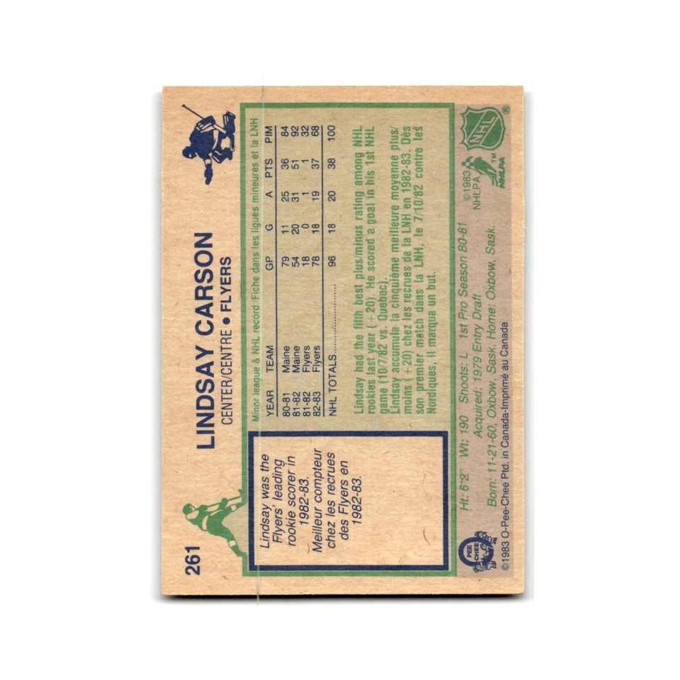 1983 O-Pee-Chee Lindsay Carson RC Philadelphia Flyers #261 - Image 2 of 3