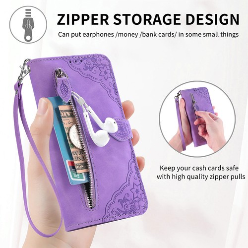 For iPhone 16e 2025/16 Pro Max/15/14 Leather Zipper Wallet Stand Case with Strap - Picture 39 of 47