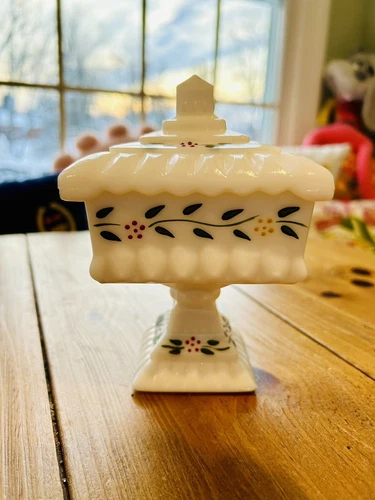 Vintage Hand Painted Milk Glass Square Lid Compote Wedding Candy Dish  7 3/4"