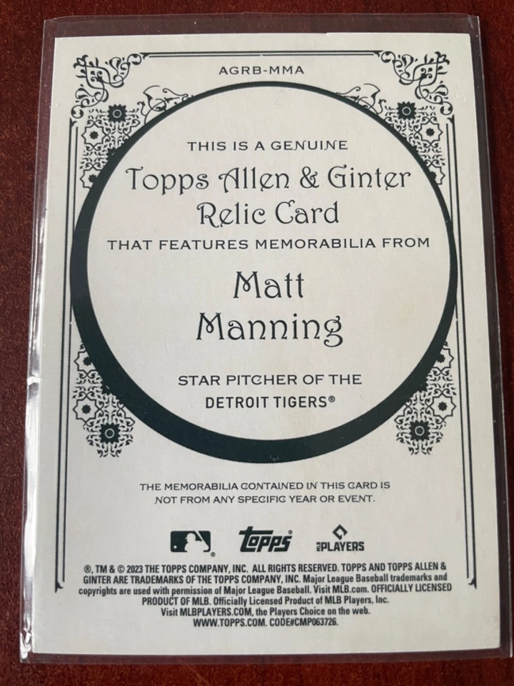 2023 TOPPS ALLEN & GINTER'S RELIC CARD - MATT MANNING #AGRB-MMA DETROIT TIGERS - Image 2 of 2