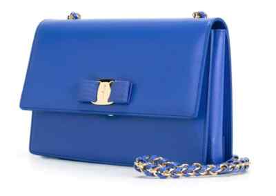 NEW SALVATORE FERRAGAMO Ginny Vara Leather Crossbody Messenger Bag Blue Bow