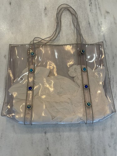 VTG MCM Clear Transparent Tote Bag Shop Silver Beaded Trim Iridescent Rhinestone - Picture 3 of 18