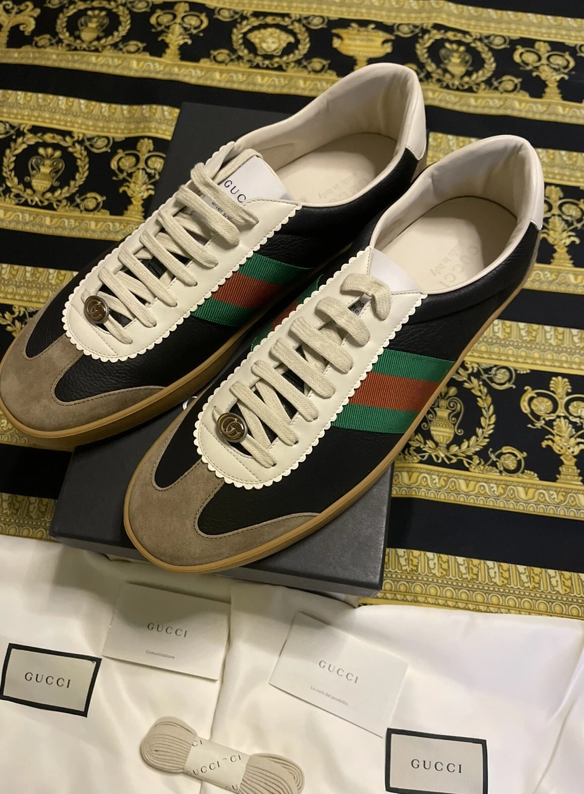 Baskets à lacets neuves authentiques Gucci Web cuir noir daim 624486 G 15 US 15,5