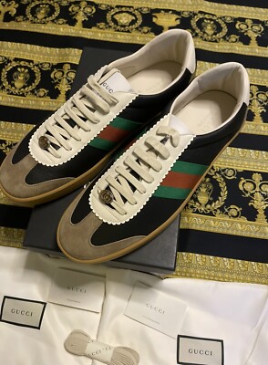 New Authentic Gucci Web Black Leather Lace Up Sneakers Suede