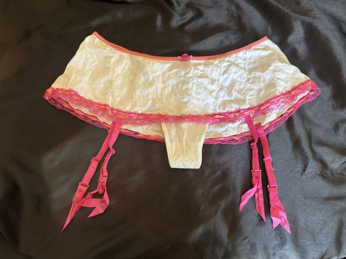String blanc vintage années 1990 oeillet rose vif bordure dentelle jupe jarretière rampage taille L - Photo 5/9