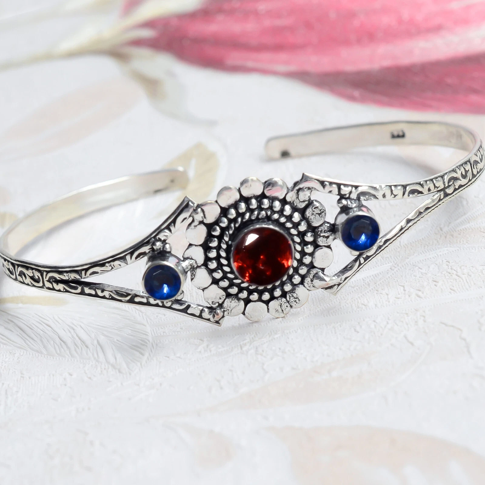 VALENTINO Braccialetto gioiello fatto a mano argento sterling 925 granato taglio tondo e tanzanite