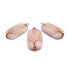 Rose Quartz Tree Pendant Copper Wire Wrap Rectangle 30x50mm Sold Per Piece