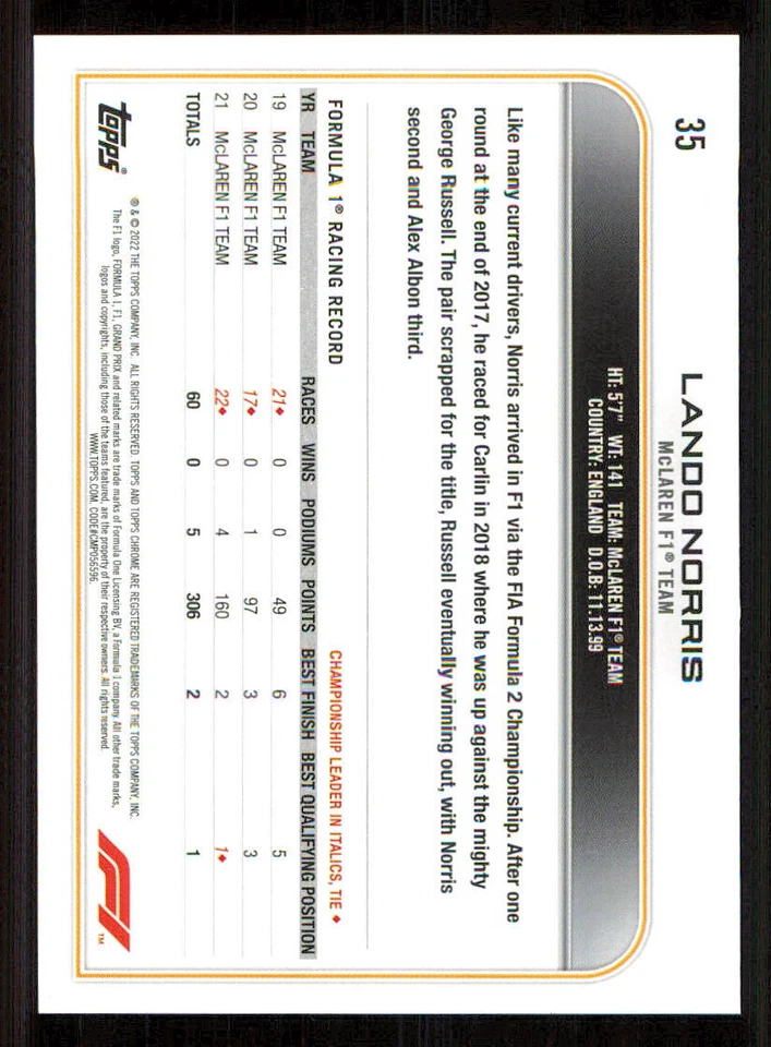 2022 Topps Chrome Formula 1 #35 Lando Norris - Image 2 of 2