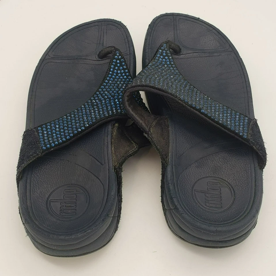 Sandalias FitFlop Acampanadas Puntera Cristal Super Azul Marino Brillante Talla 7 Tangas Azules Foto 4 de 4