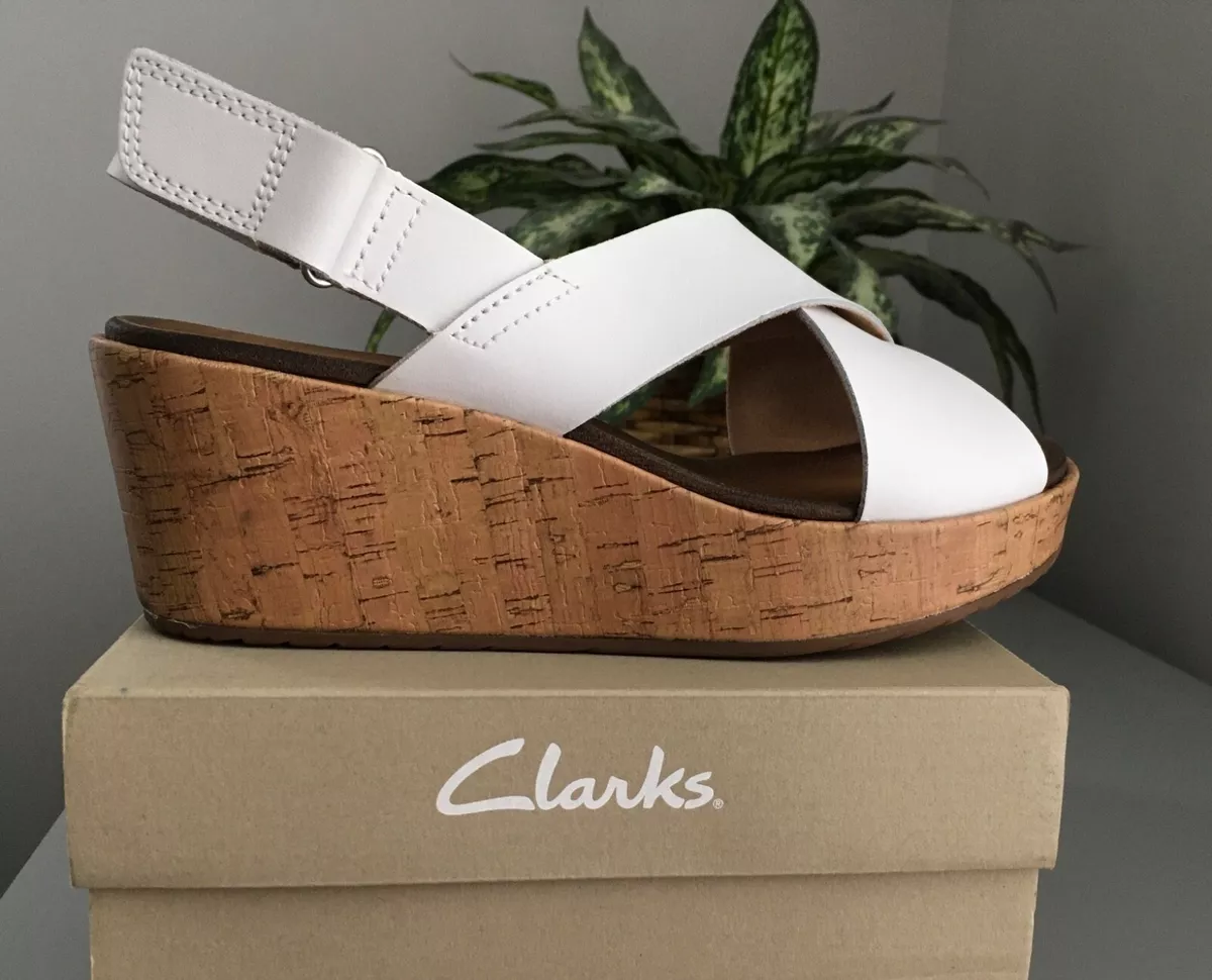 Clarks Stasha Hale White Leather Cork Wedge Sandal Slingback Sz 6.5 Wide w Box