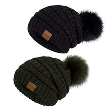 Beanies Women with Pom, Winter Hats for Women with Thick Warm Black olive
