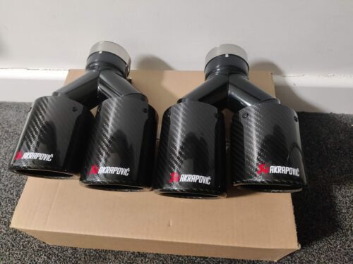 GLOSS BLACK CARBON FIBRE AKRAPOVIC EXHAUST TIPS 2 X 3.5” TWIN Y PIECE STAGGERED - Picture 2 of 10