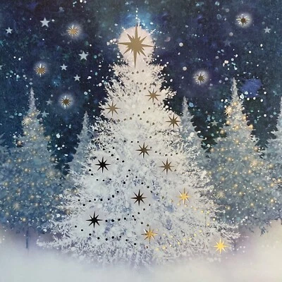 CHARITY CHRISTMAS CARD ~ MOONLIT FROSTED TREE~SINGLE CARD~SILVER FOILED~145mm