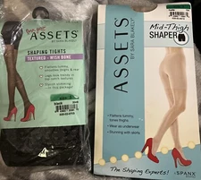(2) Love Your Assets SPANX Shaping Tights Sz 3 Wish Bone Black, Mid-thigh Nude