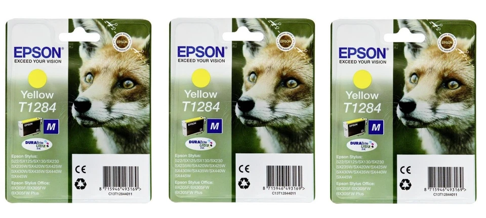 3 x Original Epson T1284 gelb Fuchs Stylus S22 SX125 SX130 SX230 SX235 SX420 o.V