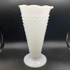 Vintage 9.5" White Milk Glass Hobnail Ruffled Edge Trumpet Shaped Vase