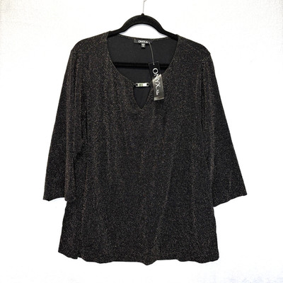 NWT Onyx Nite Metallic Glitter Shirt Womens 3X Black Gold Keyhole 3/4 Sleeve Top