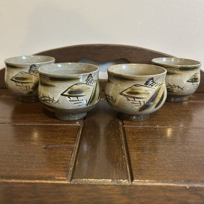 Japanese Mashiko Studio Pottery MINAGAWA HIRO Sansui Teacups  Set Of 4