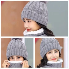 Windproof Beanie Hat Skull Cap Knit Winter Warm Fleece Lining Scarf for Women