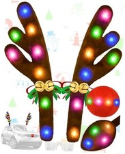 Christmas Reindeer Antlers Car Decoration Kit, LED Lights Nose Multicolor