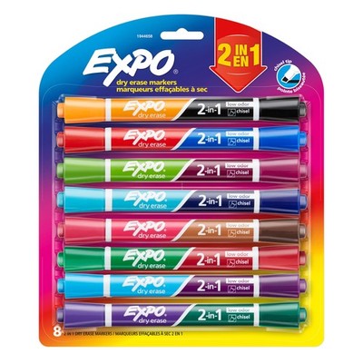 8 Count Dry Erase 2-in-1 Markers Chisel Tip Assorted Colors Whiteboard