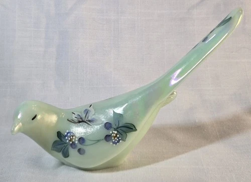 🕊️ Vintage Fenton Mint Satin Glass Bird Hand-Painted Flowers Signed "Happiness"