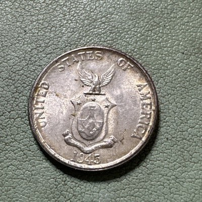 1945 D Philippines 20 Centavos World Silver Coin AU / BU
