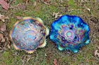 ANTIQUE NORTHWOOD GOOD LUCK CARNIVAL GLASS RUFFLED BOWLS - BLUE AND GREEN