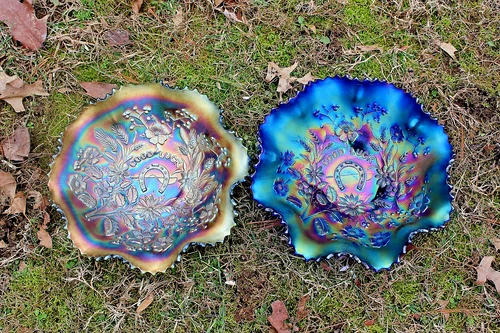 ANTIQUE NORTHWOOD GOOD LUCK CARNIVAL GLASS RUFFLED BOWLS - BLUE AND GREEN