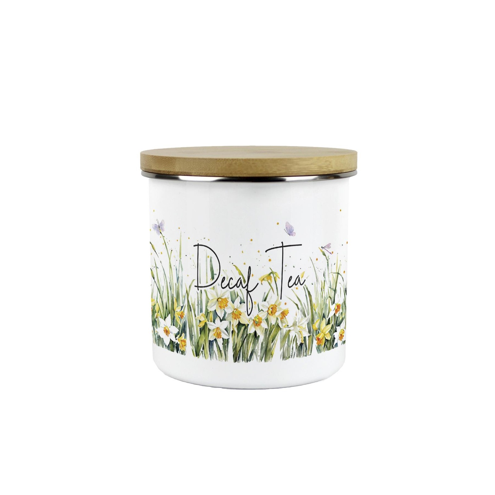 Spring Daffodils Decaf Tea Canister - Floral Enamel Kitchen Storage Jar Gift
