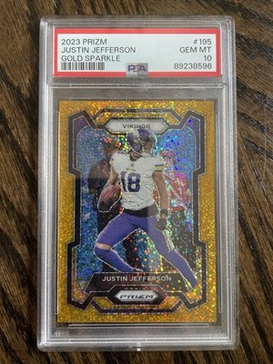 2023 Prizm Justin Jefferson Gold Sparkle PSA 10 Jersey Match #18/24