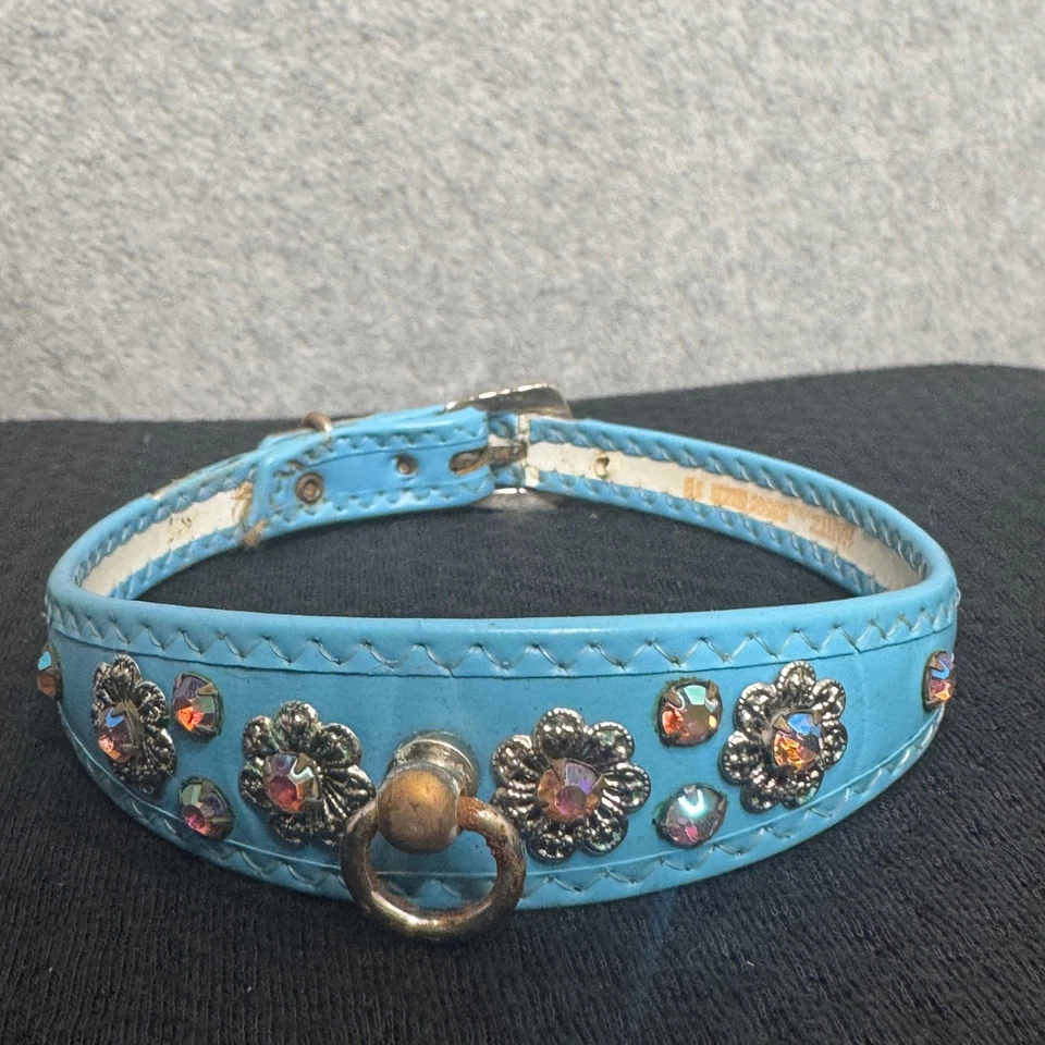 Collar de perro de cuero brillante vintage con estrás flor anillo en D ajustable 14 pulgadas Foto 2 de 4