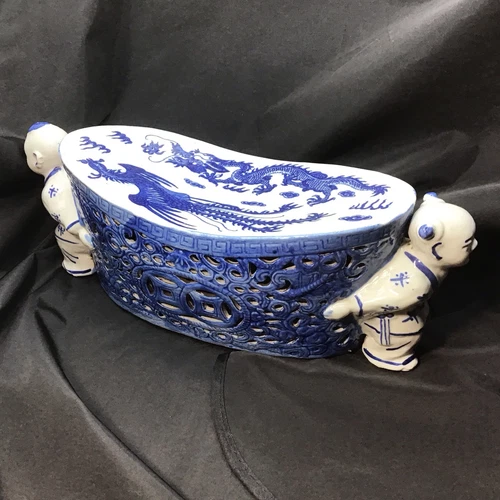 Vintage Chinese Porcelain Blue And White Boy And Girl Headrest Pristine - Picture 1 of 16