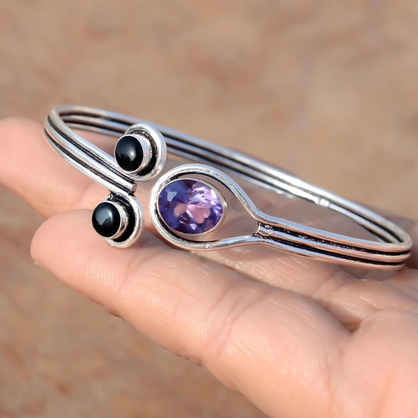 VALENTINO Bracciale unisex in argento sterling 925 taglio ametista e pietre preziose onice nera